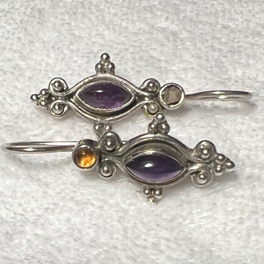 Vintage Sterling Silver Drop Earrings Purple Amethyst Hook Victorian Revival SEE